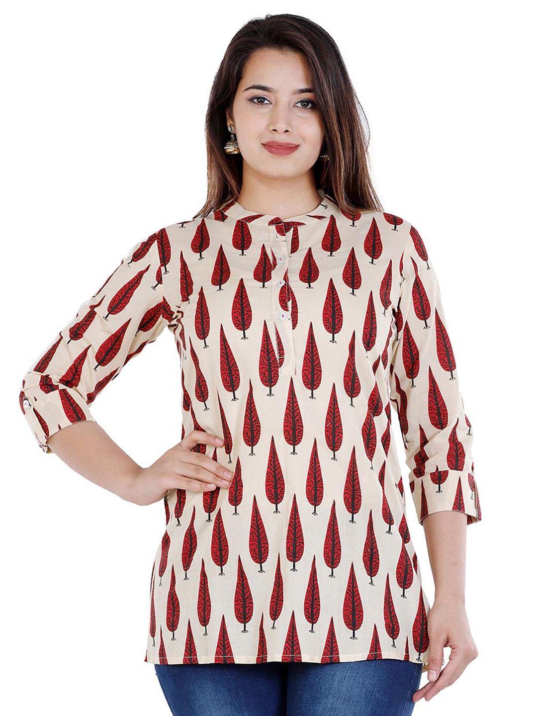 baesd beige print mandarin collar cotton top