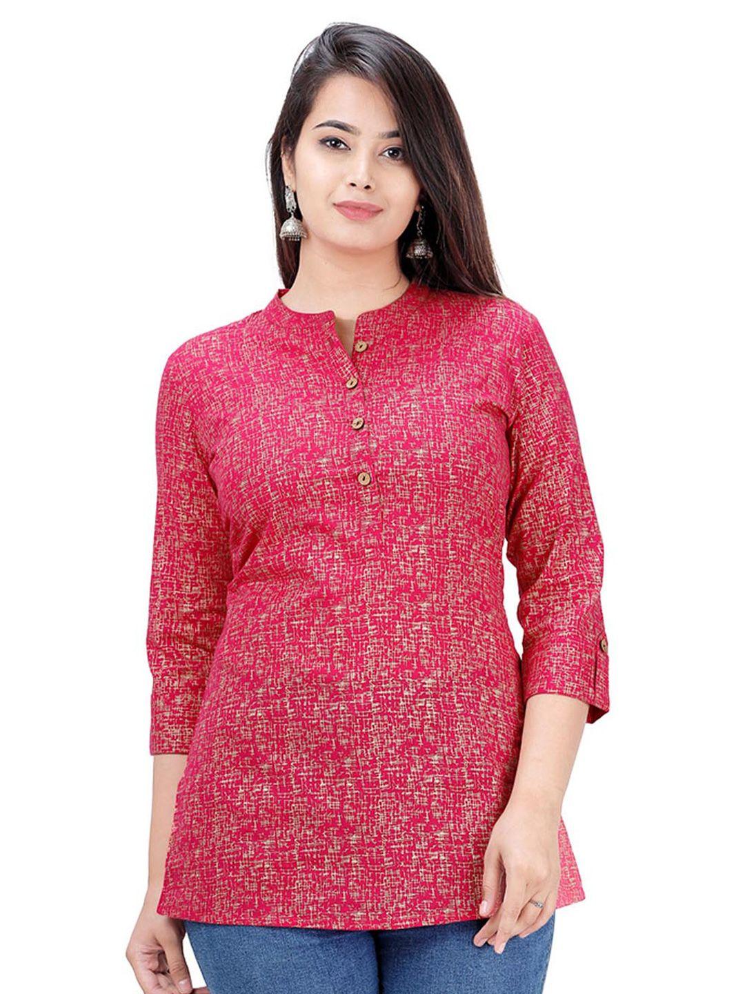 baesd pink print mandarin collar cotton top