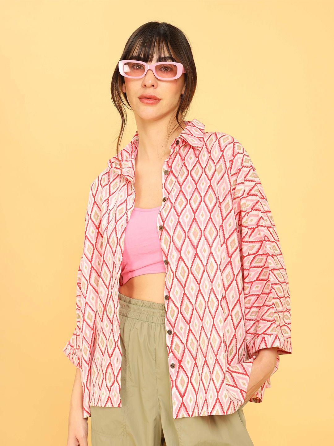 untung standard geometric printed spread collar cotton oversized casual shirt