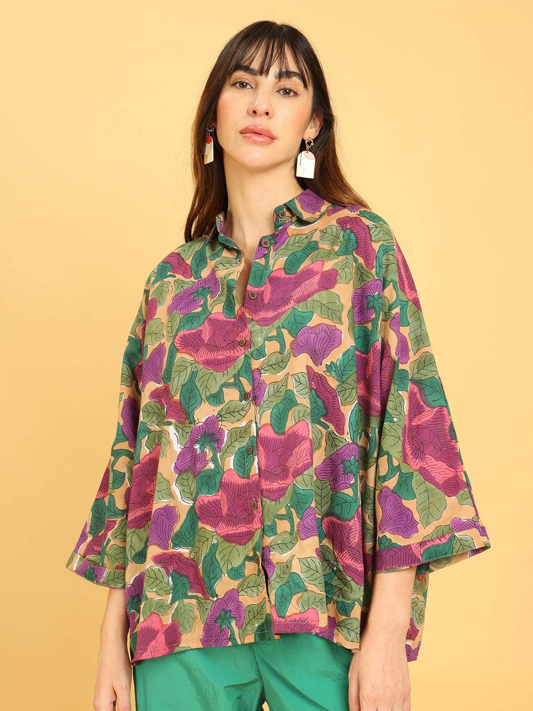 untung standard floral printed spread collar cotton oversized casual shirt