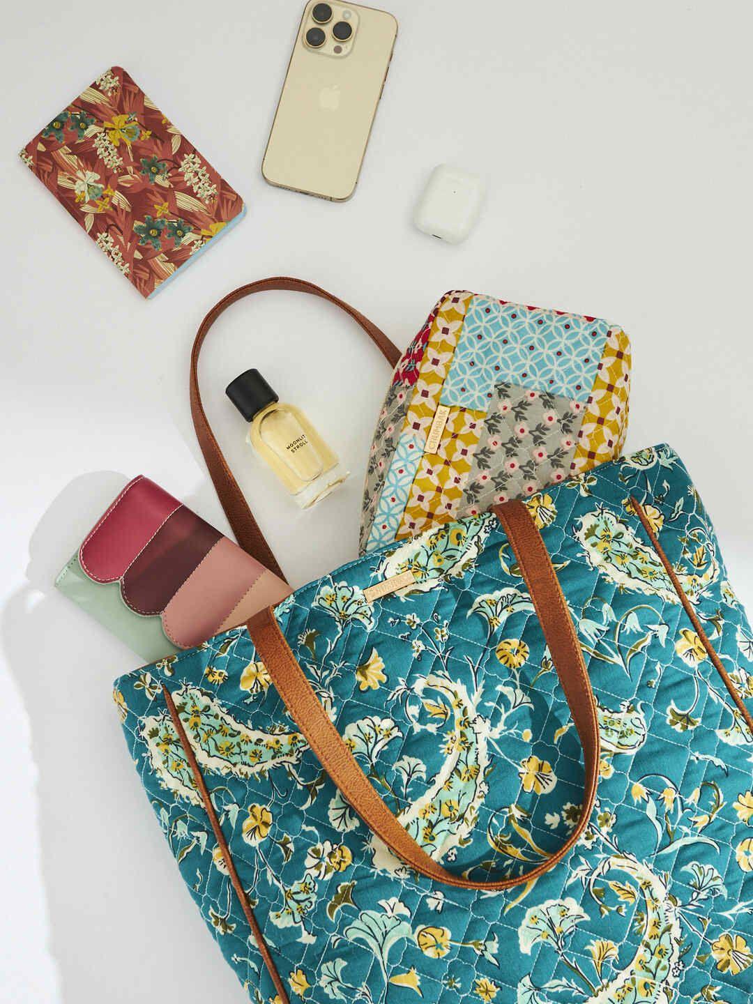 chumbak green floral printed shopper tote bag