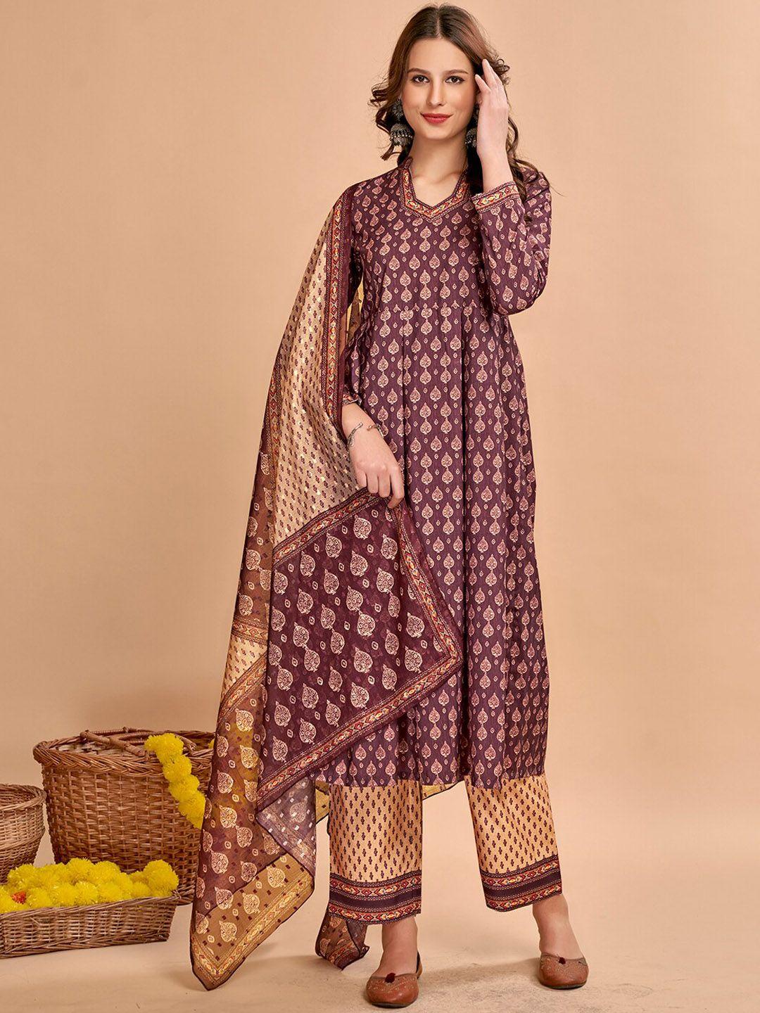 anouk women brown ethnic motifs printed regular kurta with trousers & with dupatta