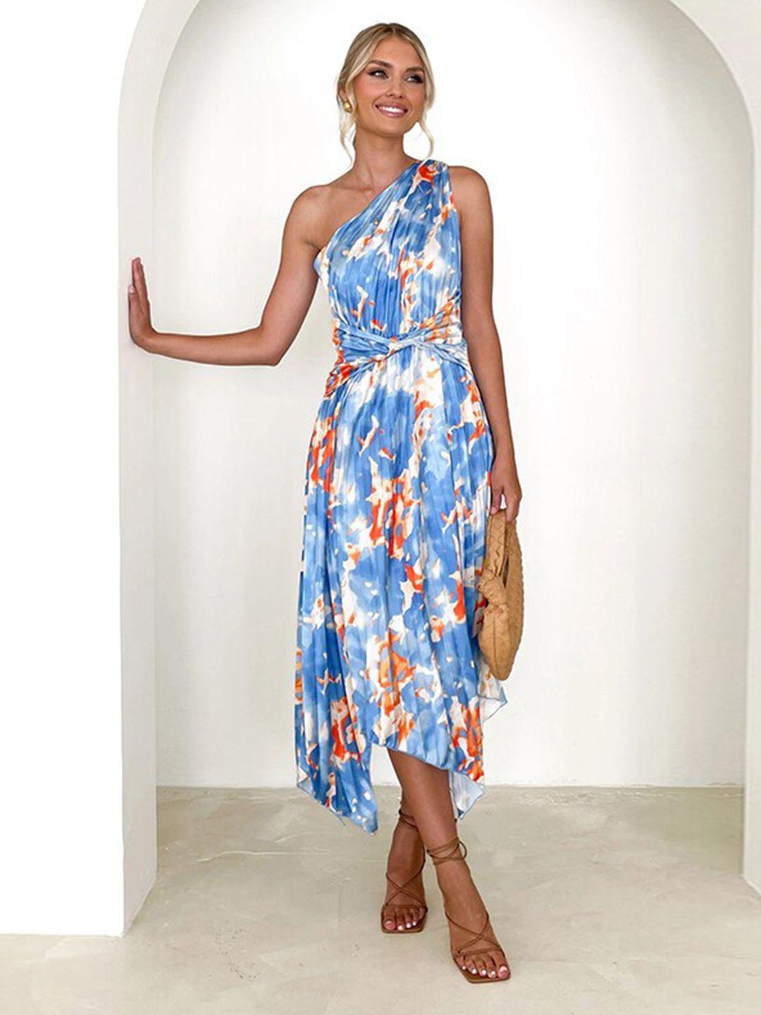 stylecast blue tie and dye print one shoulder maxi midi dress