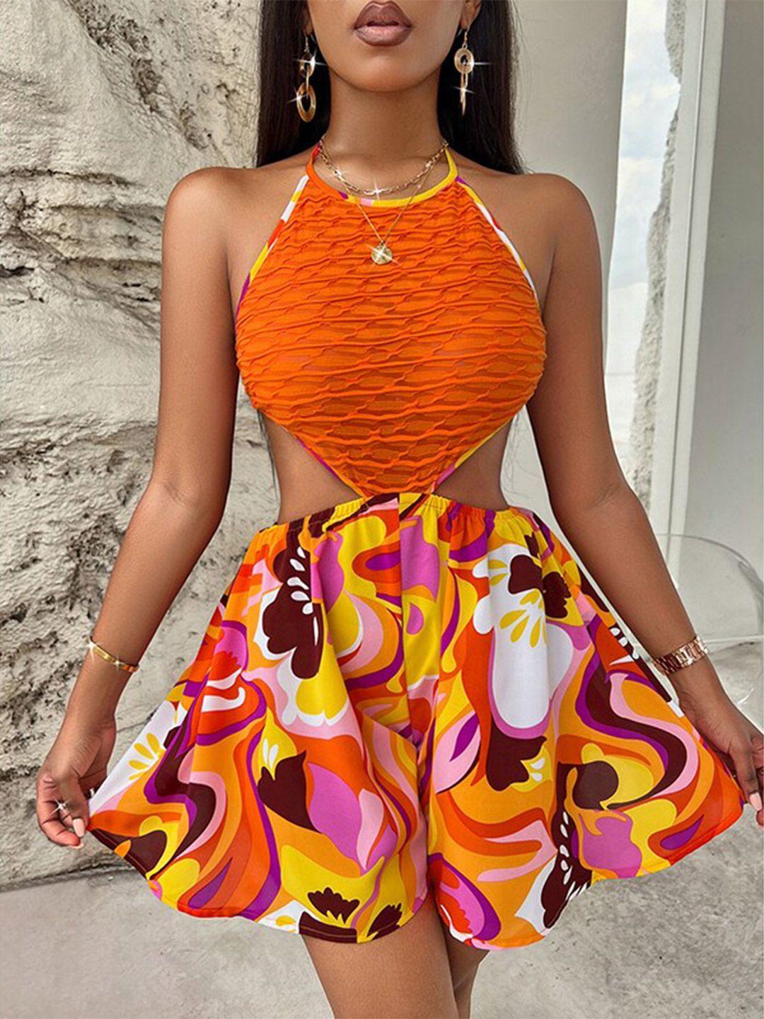 stylecast orange tie and dye print tie-up neck fit & flare mini dress