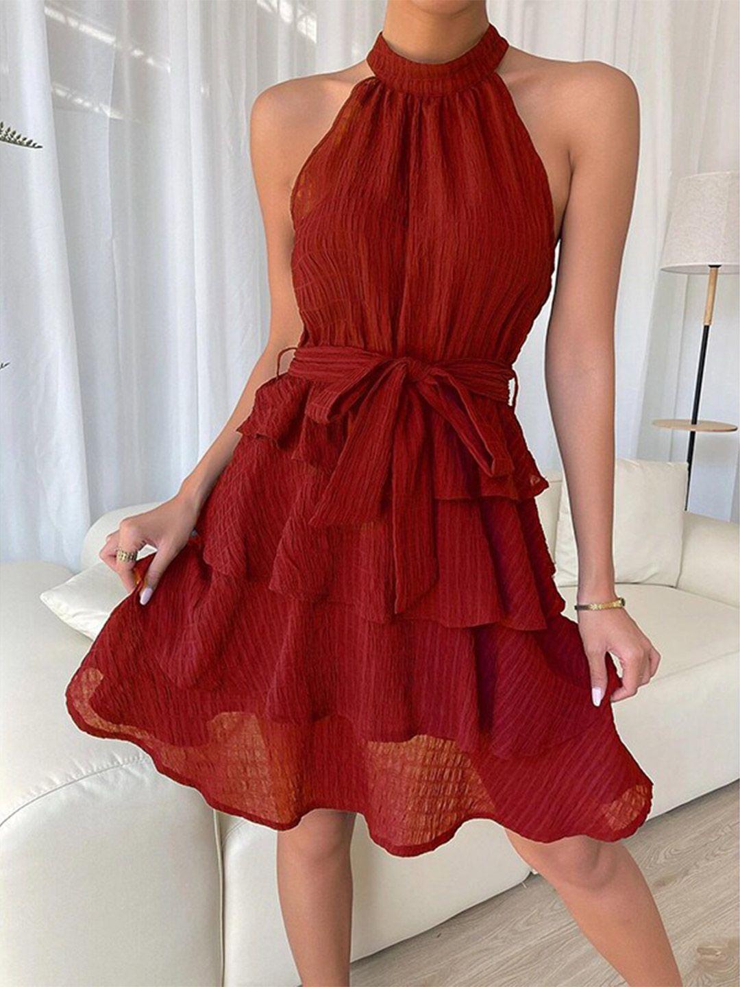 stylecast red tie-up neck layered fit & flare mini dress