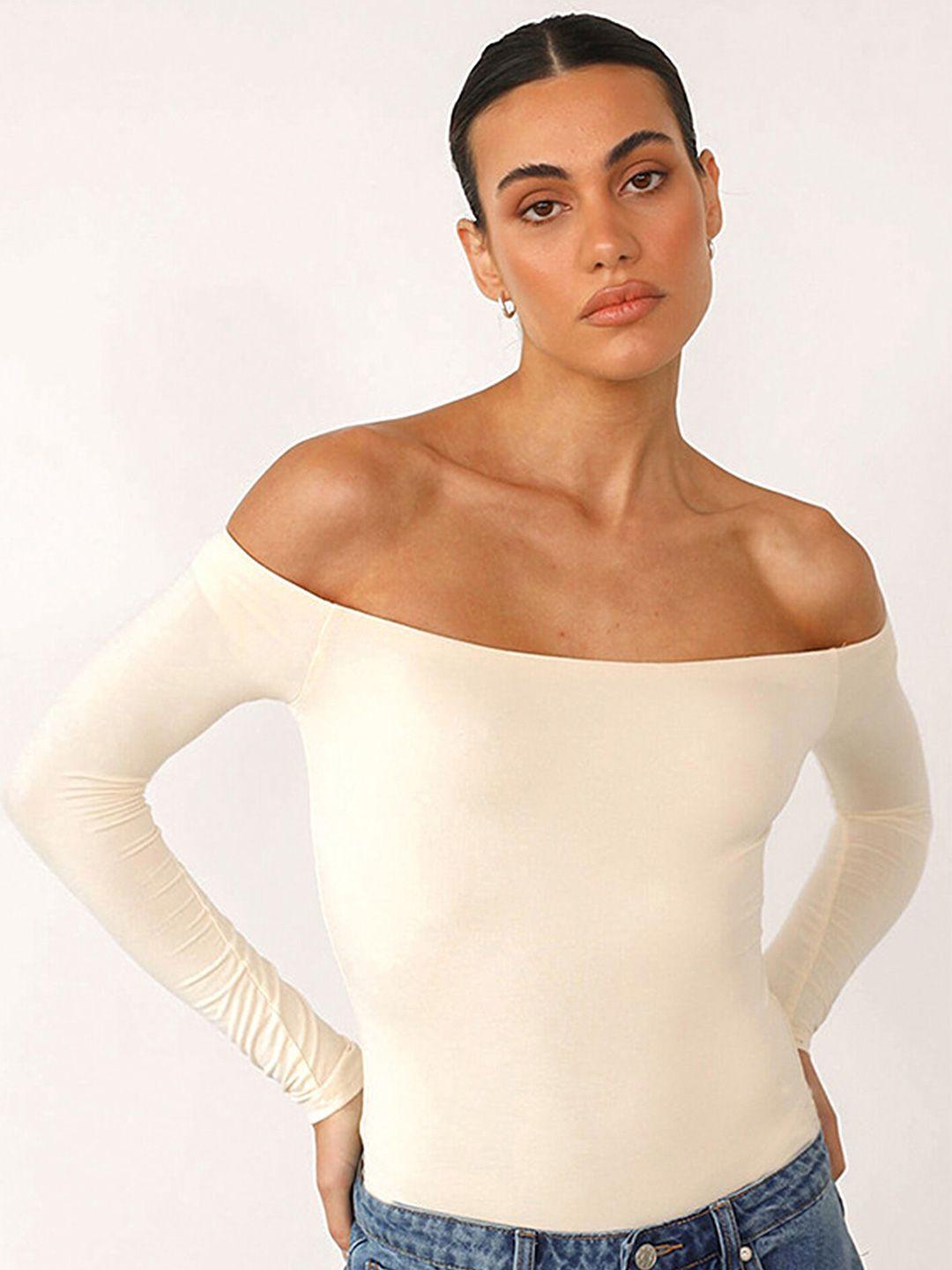 lulu & sky beige off-shoulder bardot crop top