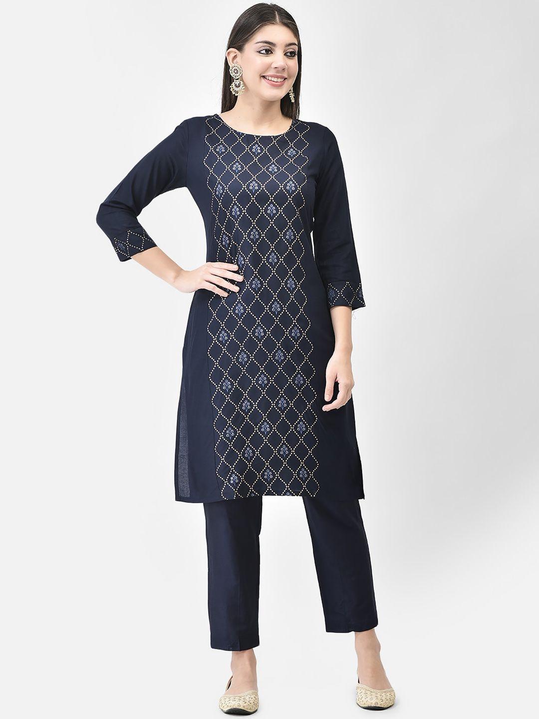 span women blue printed regular kurta with trousers