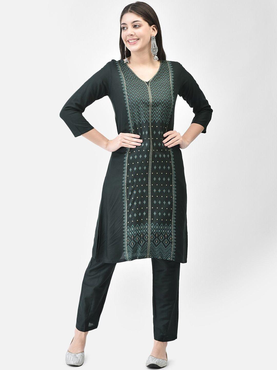 span women green printed regular kurta with trousers