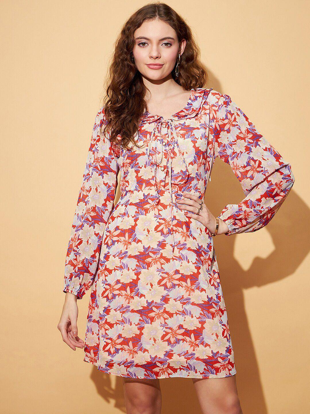 carlton london multicoloured floral print puff sleeve chiffon a-line dress