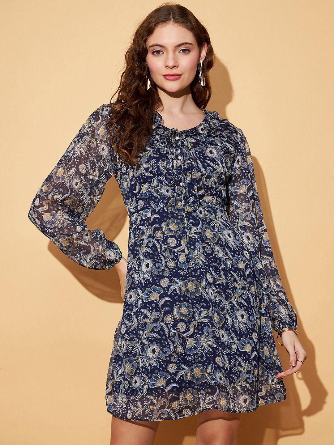 carlton london navy blue floral print puff sleeve chiffon a-line dress