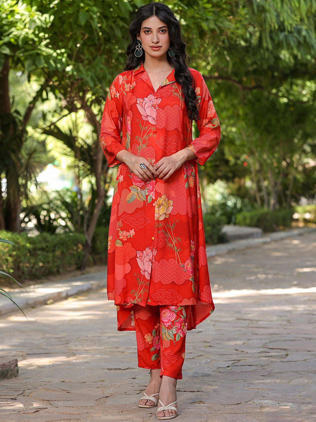 scakhi floral printed shirt collar kurta with trouser