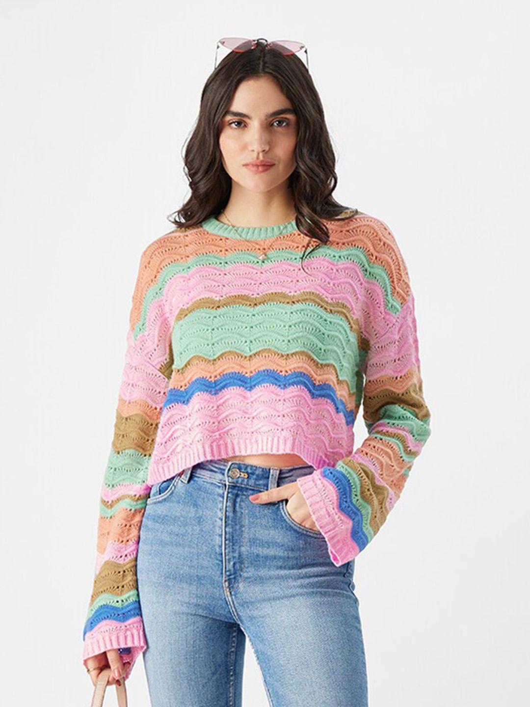 the souled store pink & green colourblocked acrylic crop pullover sweater