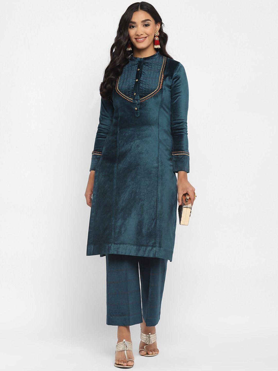 stado women teal velvet kurta with trousers