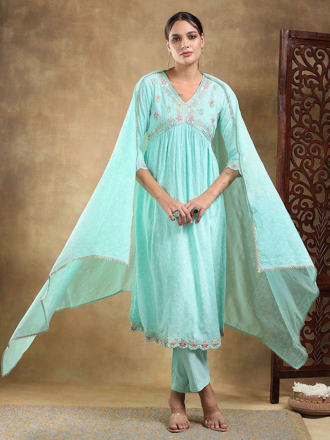 baesd women green ethnic motifs embroidered pleated kurta with trousers & with dupatta