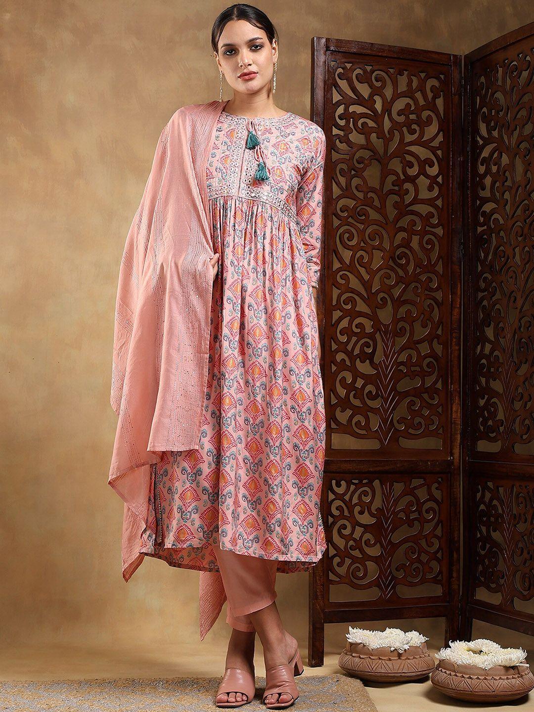 baesd women peach-coloured ethnic motifs embroidered pleated kurta with trousers & with dupatta