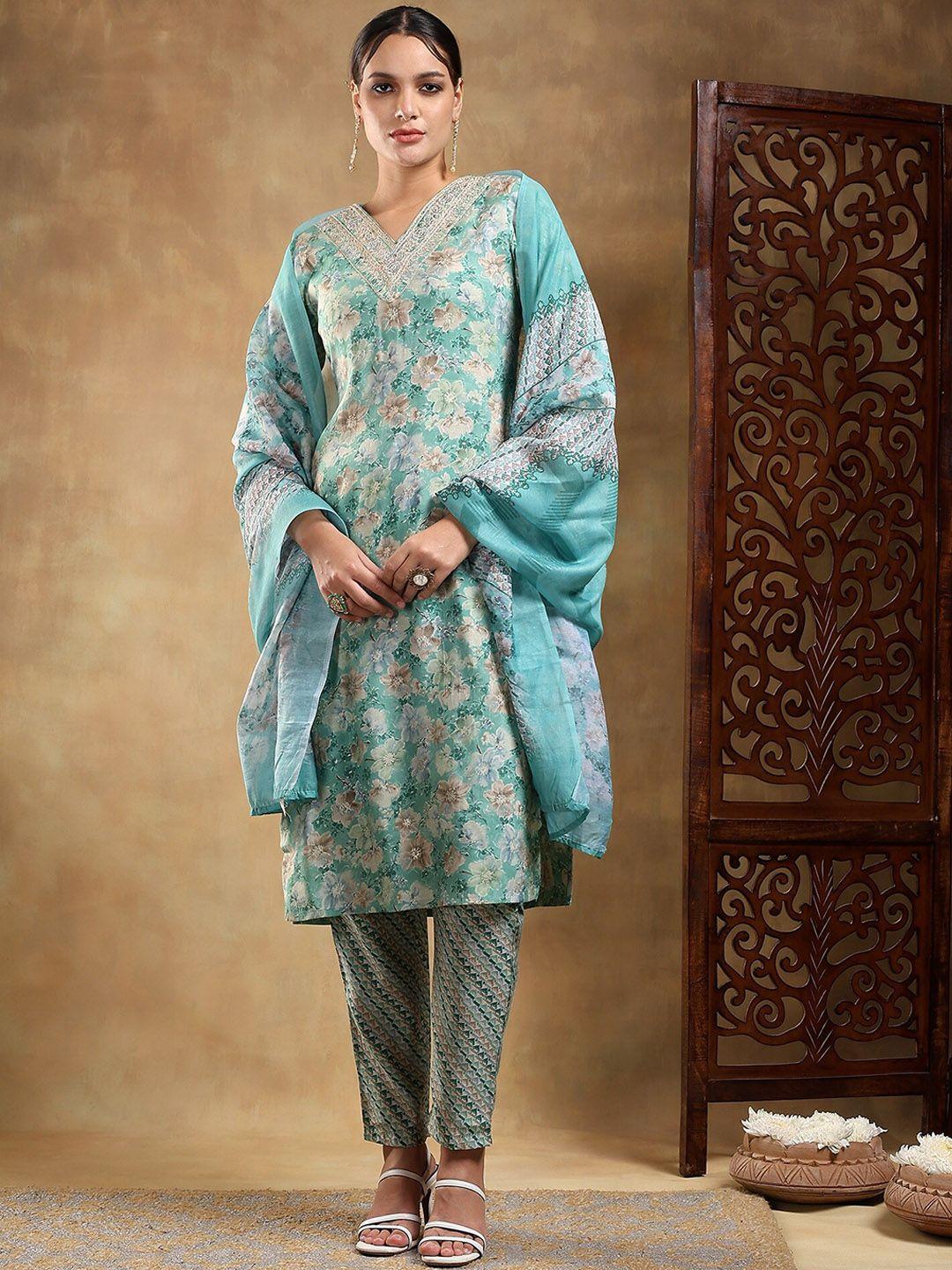 baesd women green ethnic motifs embroidered regular kurta with trousers & with dupatta