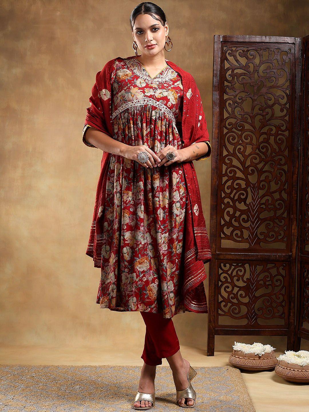 baesd women red ethnic motifs embroidered pleated kurta with trousers & with dupatta