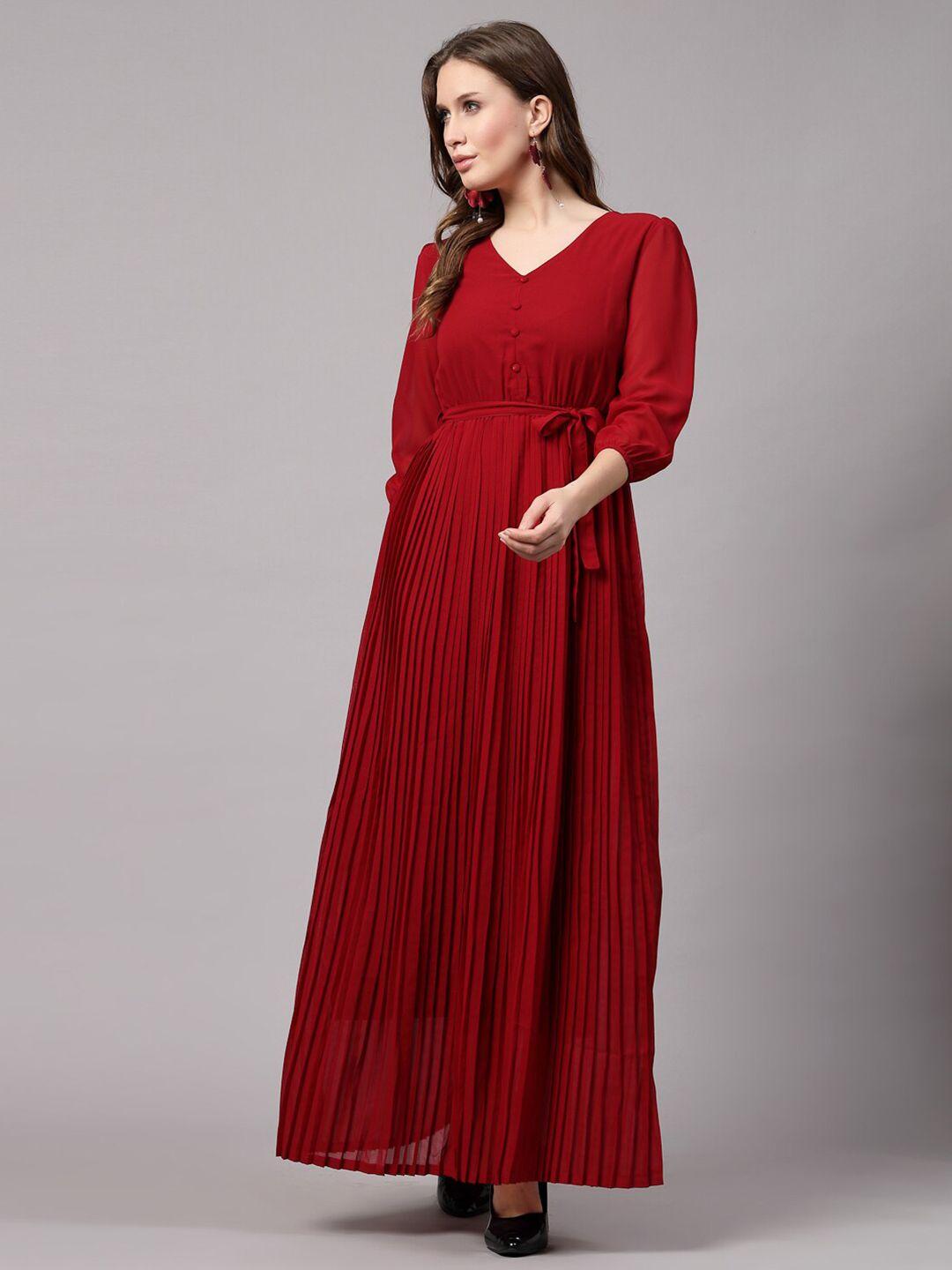 aayu maroon puff sleeve georgette fit & flare maxi dress