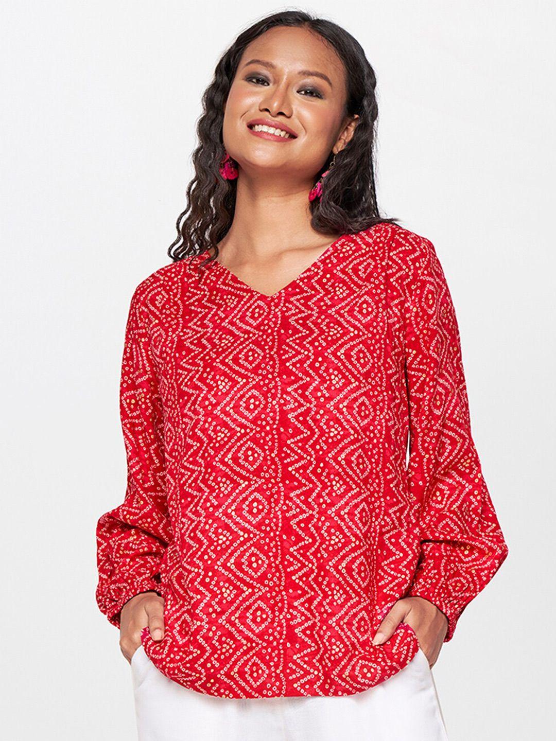 global geometric printed v-neck puff sleeve top