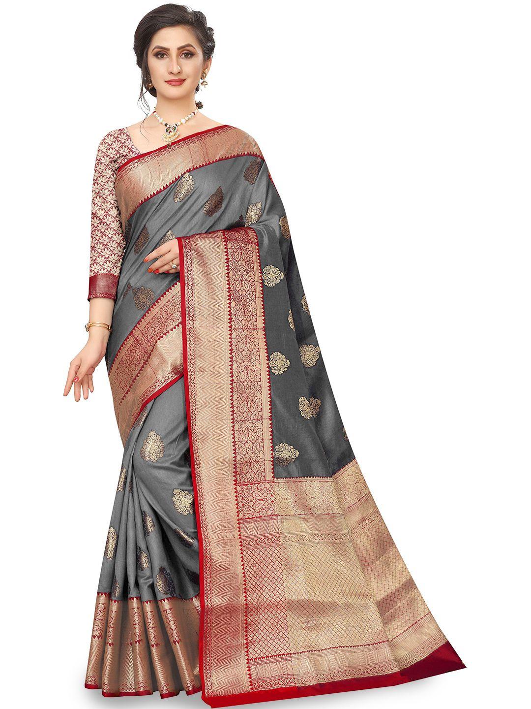 isha trade grey & red woven design silk blend saree