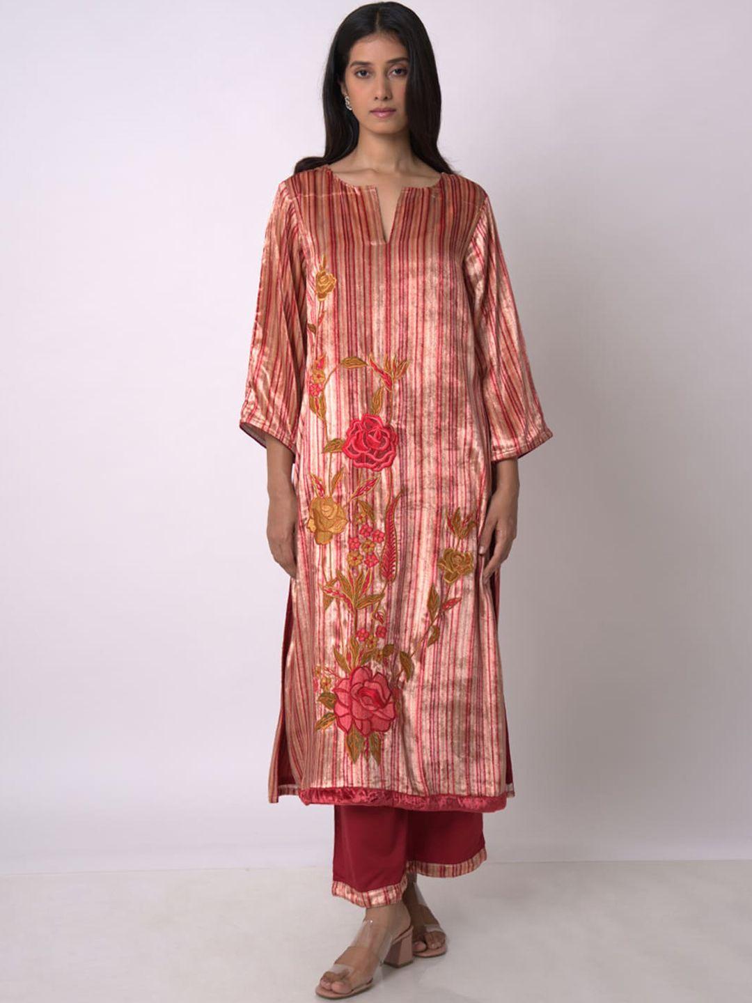 ganga women floral regular raw silk kurta with palazzos & with dupatta