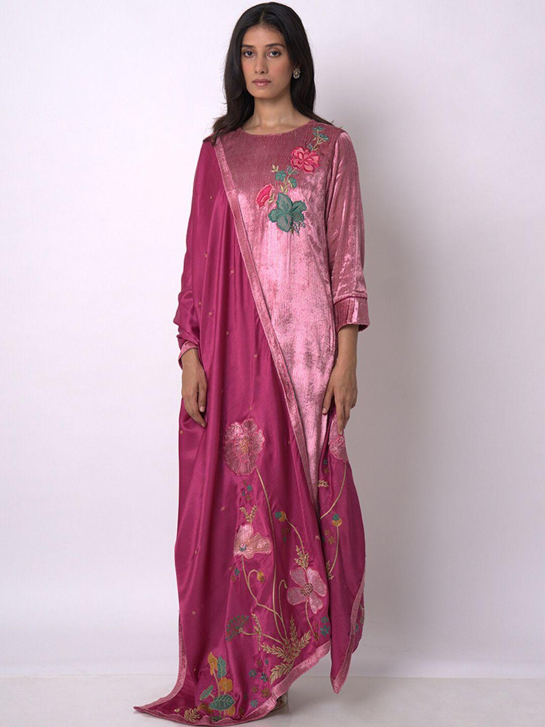 ganga women floral regular raw silk kurta with palazzos & with dupatta