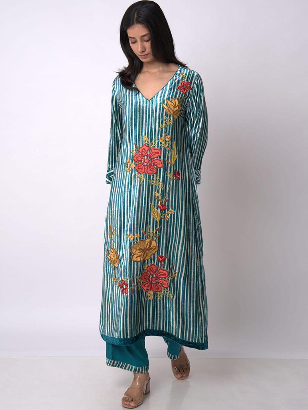 ganga women floral regular raw silk kurta with palazzos & with dupatta