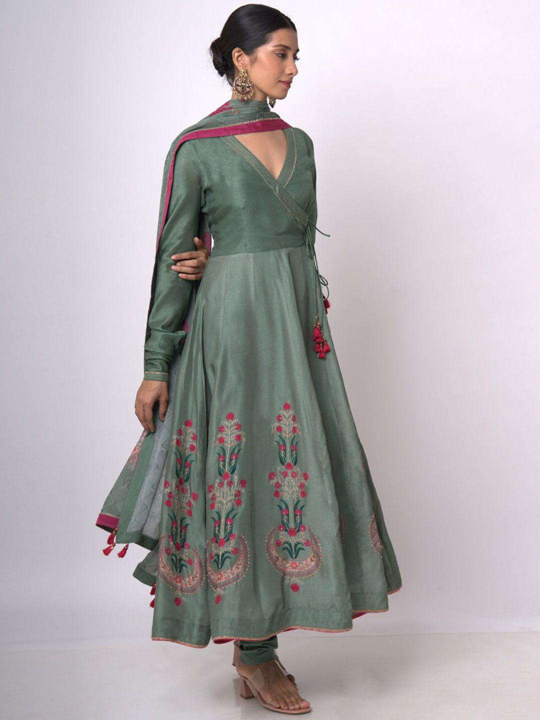 ganga floral embroidered raw silk anarkali kurta with trouser & dupatta