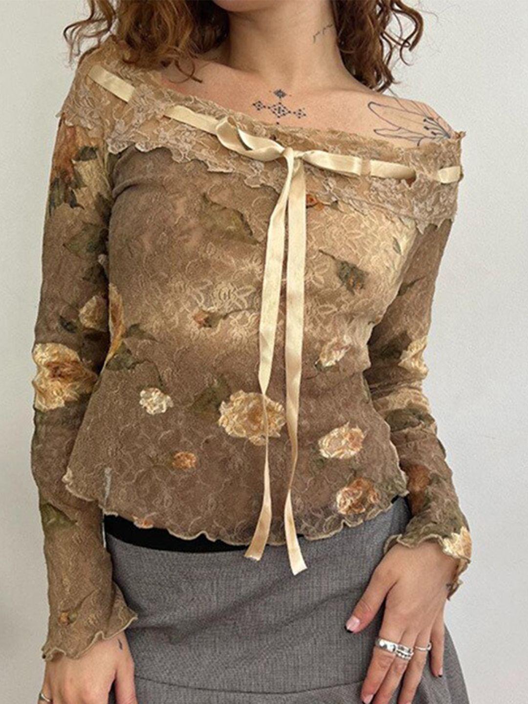 stylecast brown floral print off-shoulder extended sleeves top