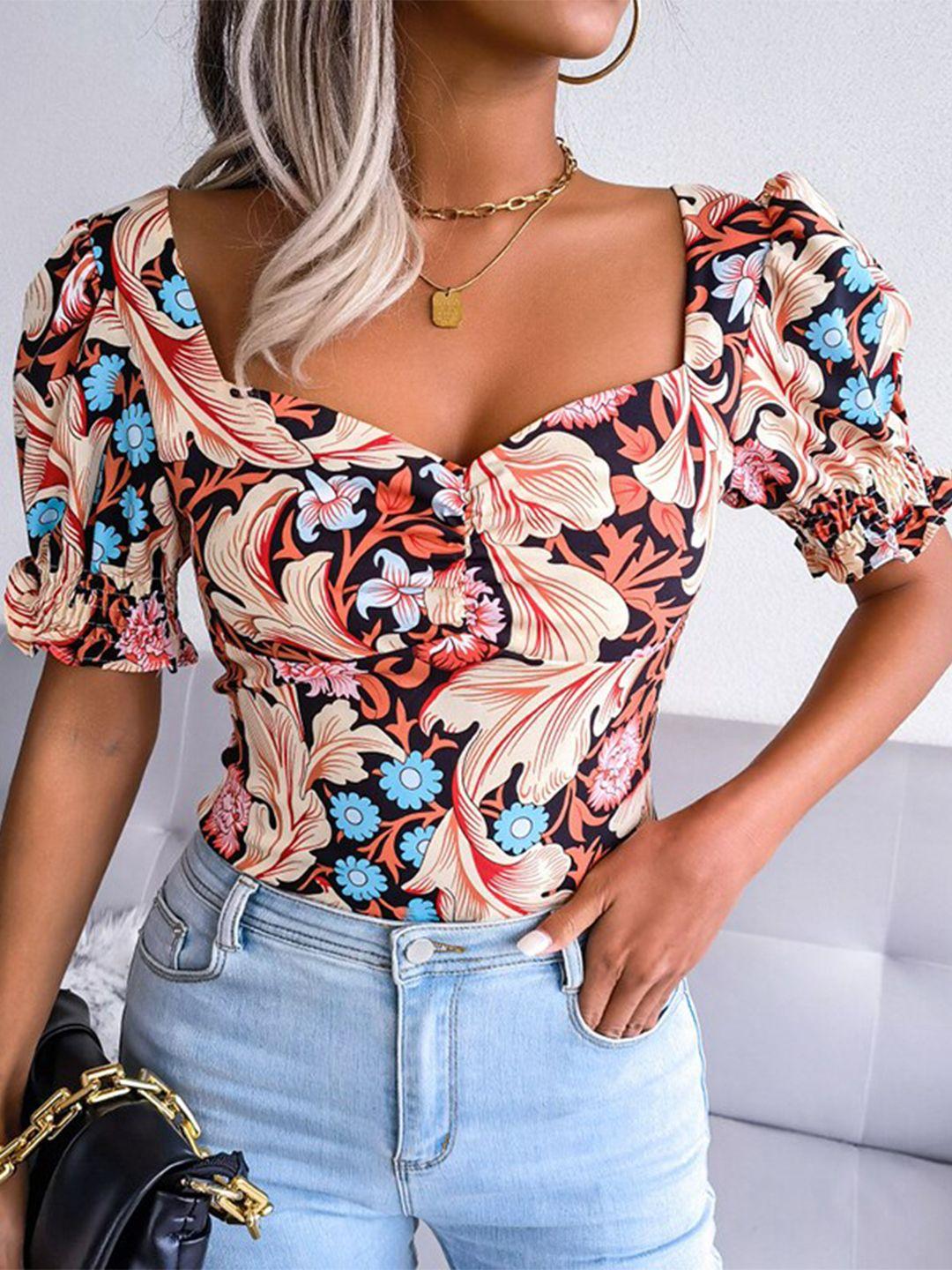 stylecast beige floral print sweetheart neck puff sleeve crop top