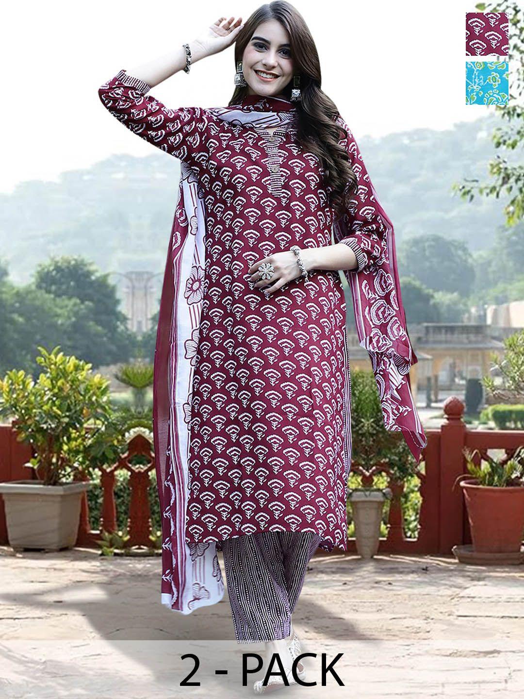 kalini women purple floral printed regular patchwork pure cotton kurta with trousers & with dupatta