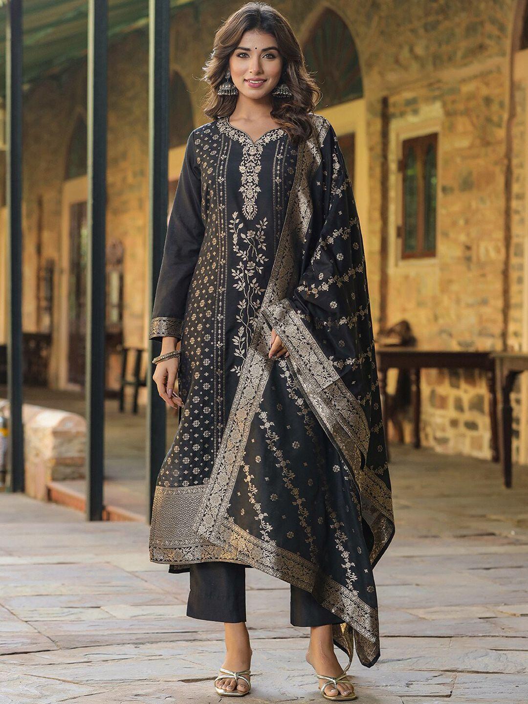 ahika women black floral regular kurta with trousers & with dupatta