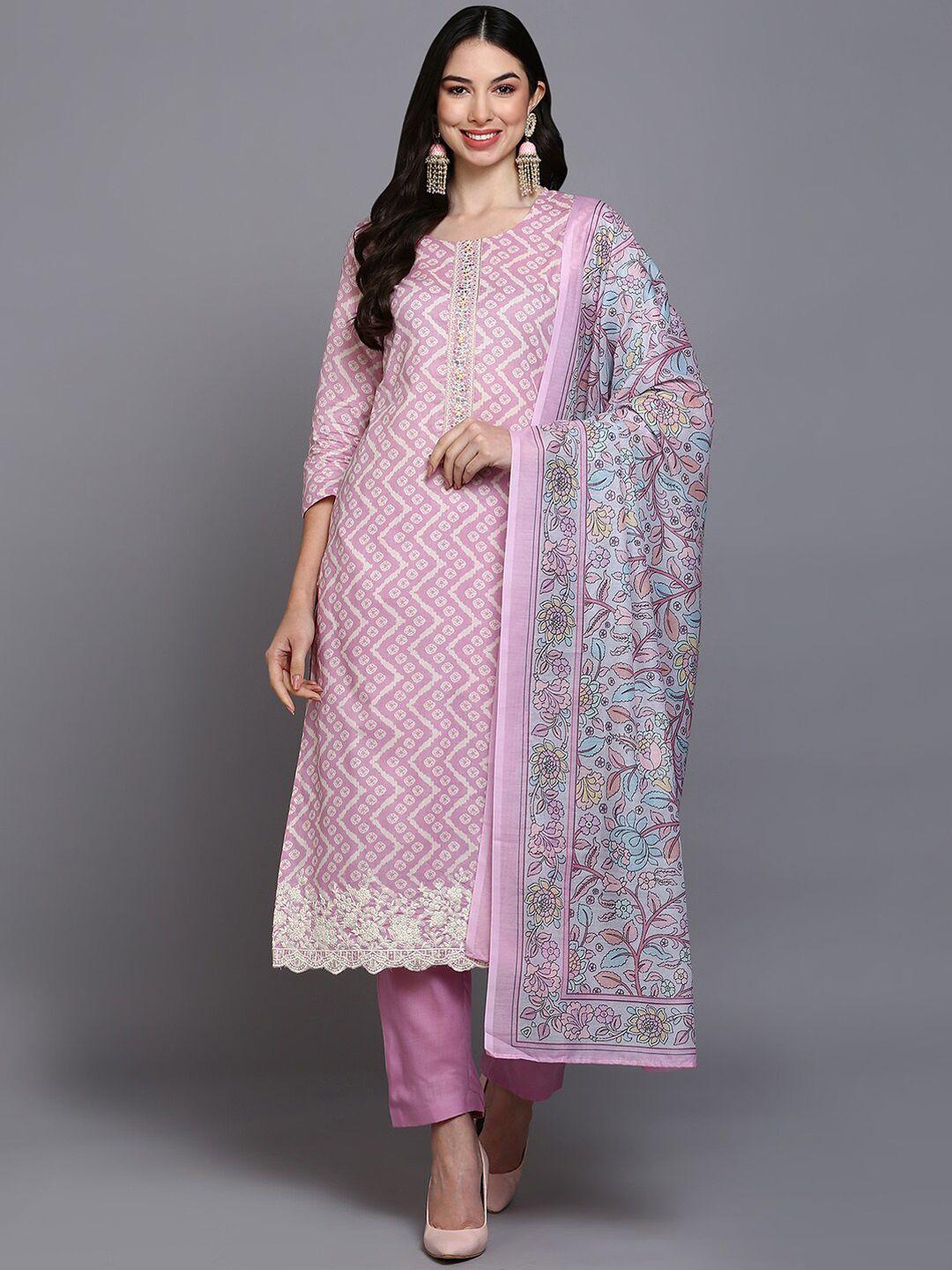 ahika women pink bandhani printed regular kurta with trousers & with dupatta