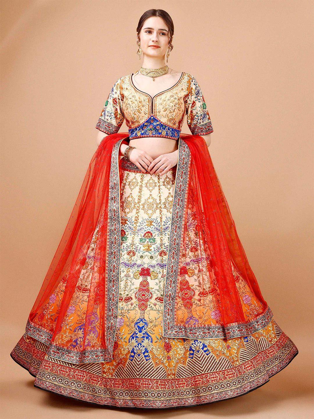 saptrangi cream-coloured & red printed ready to wear lehenga & blouse with dupatta