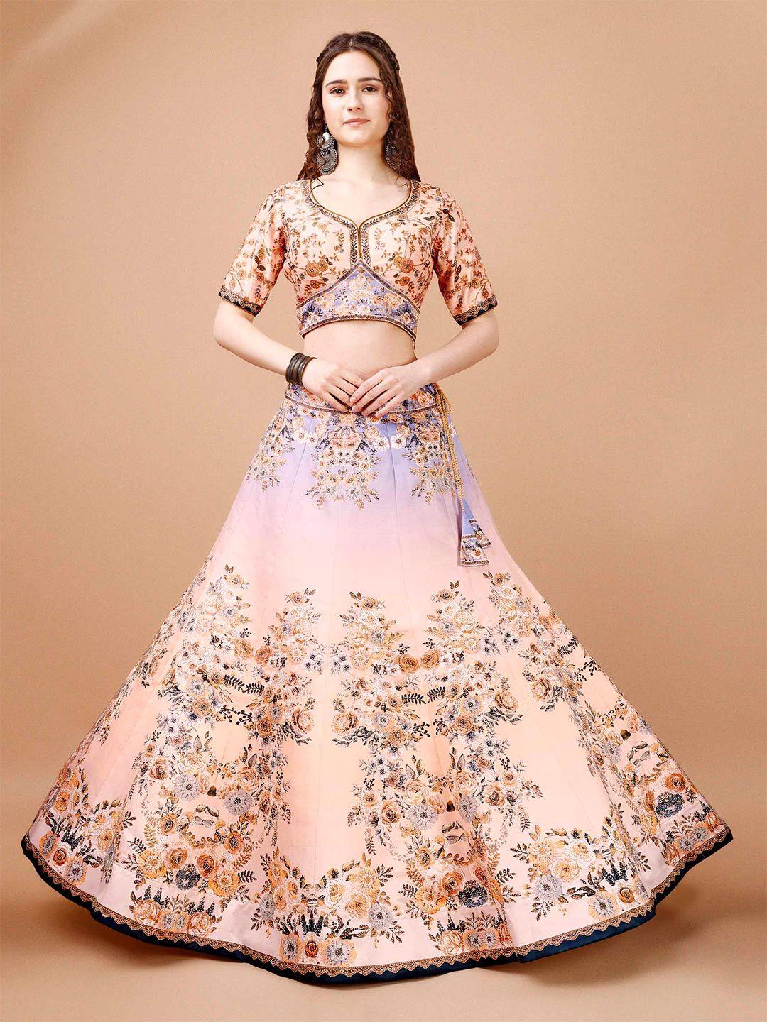 saptrangi peach-coloured & purple printed ready to wear lehenga & blouse with dupatta