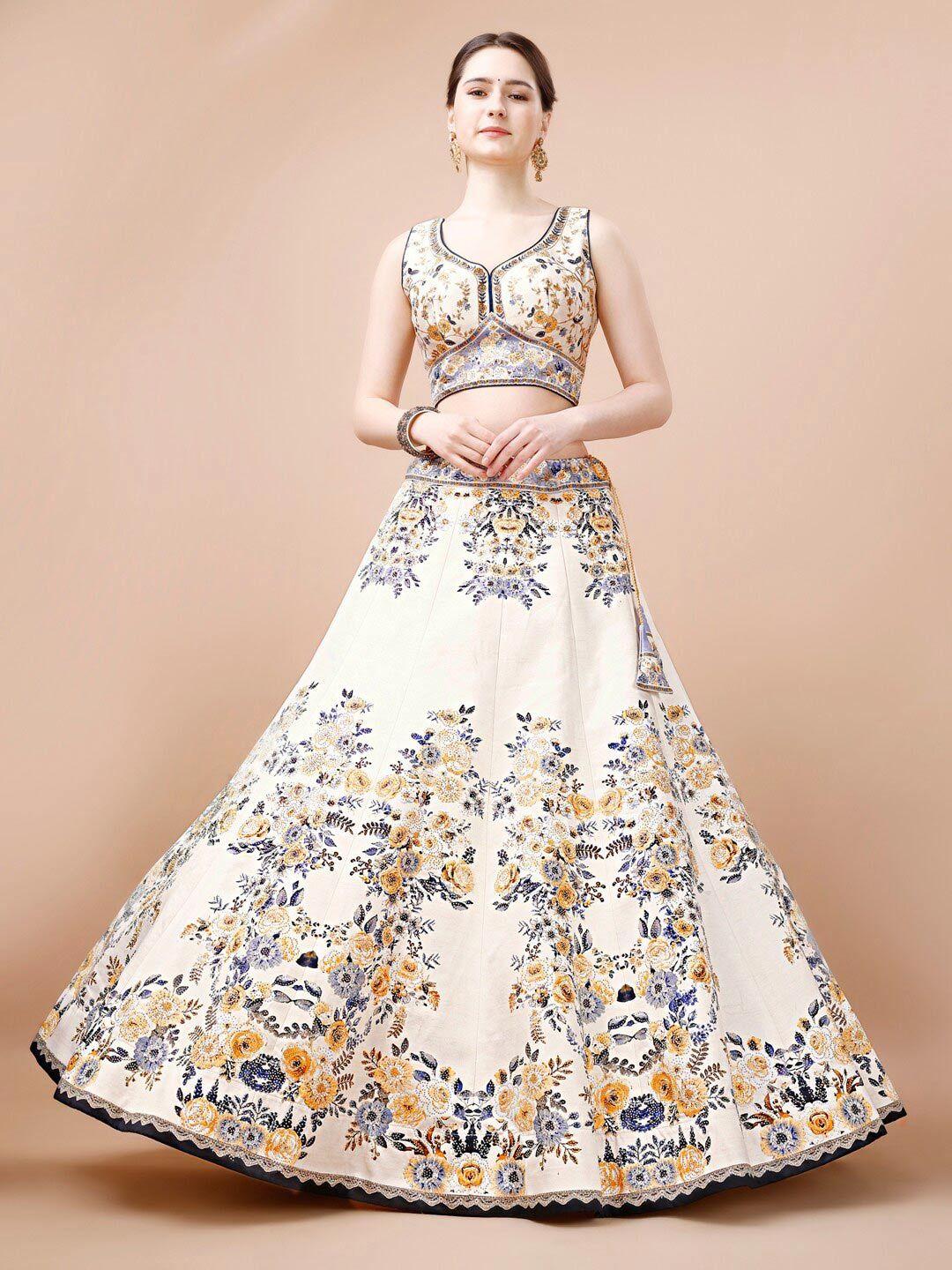 saptrangi cream-coloured & blue printed sequinned ready to wear lehenga & blouse with dupatta