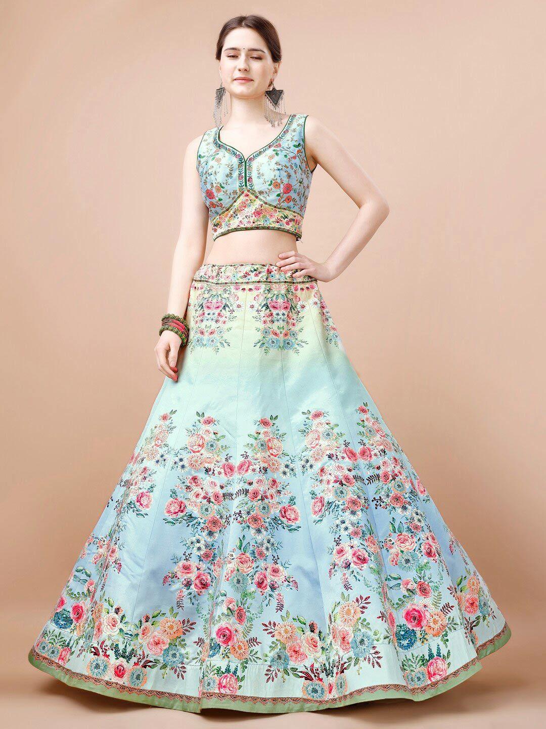 saptrangi blue & peach-coloured printed ready to wear lehenga & blouse with dupatta