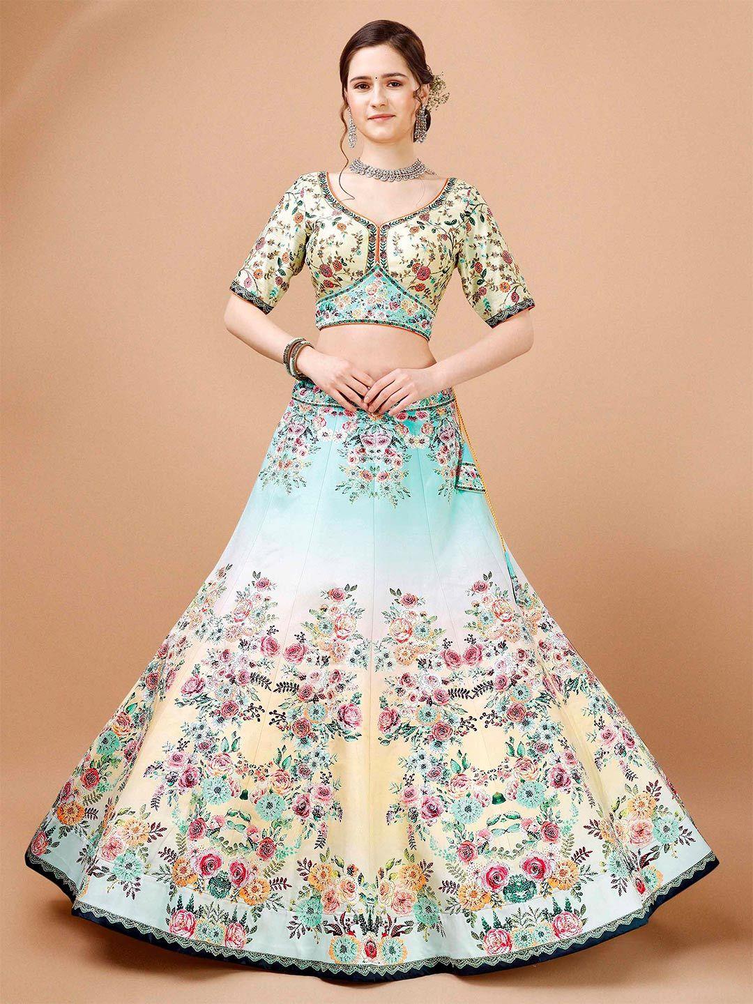 saptrangi turquoise blue & red printed sequinned ready to wear lehenga & blouse with dupatta