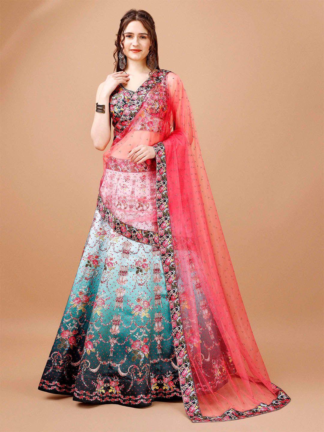 saptrangi blue & pink printed ready to wear lehenga & blouse with dupatta