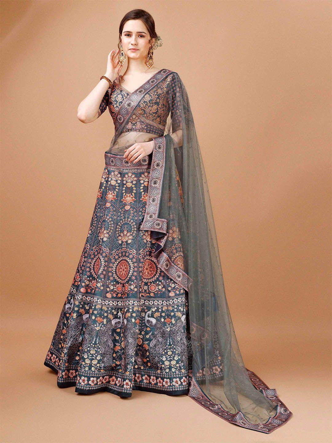 saptrangi grey & brown printed ready to wear lehenga & blouse with dupatta