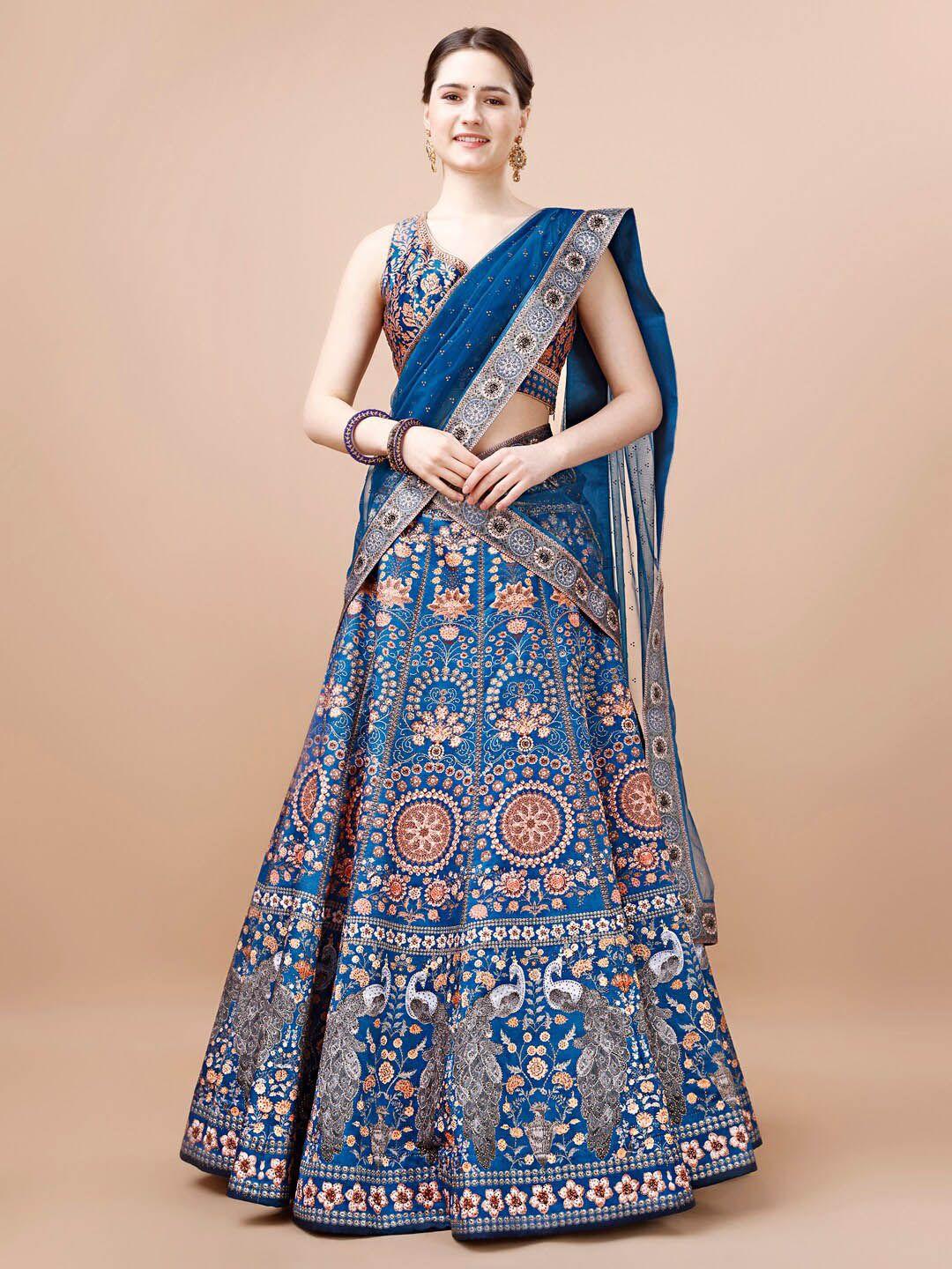 saptrangi blue & pink printed ready to wear lehenga & blouse with dupatta