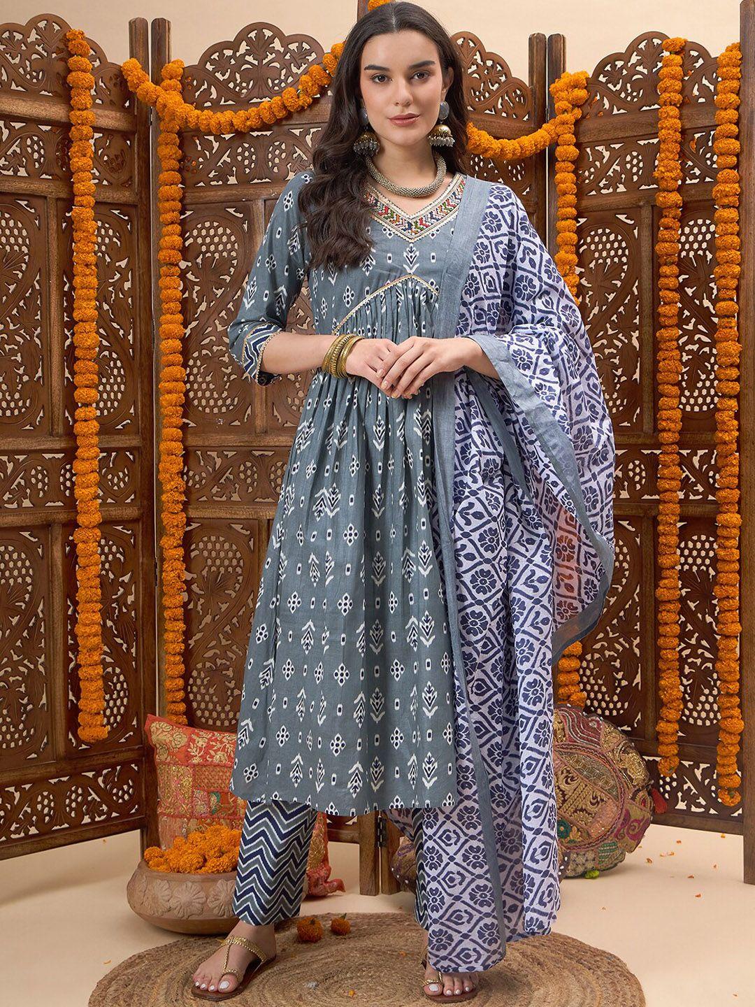 kalini women grey printed kurta with trousers & with dupatta