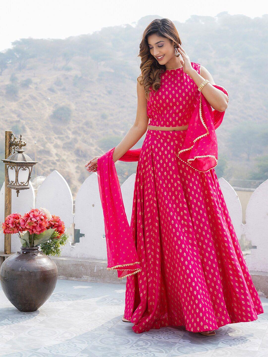 kalini pink printed foil print ready to wear lehenga & blouse with dupatta