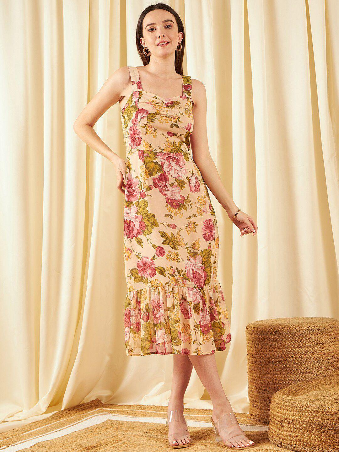 rare beige floral print chiffon a-line midi dress