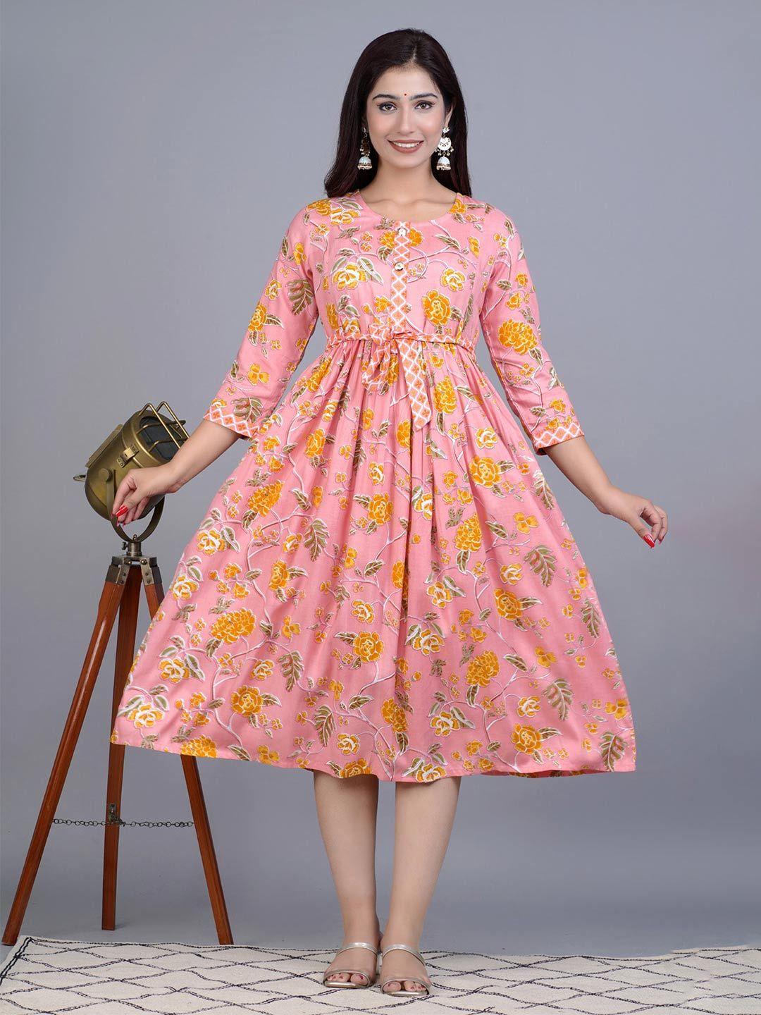 baesd peach-coloured & multicoloured floral print fit & flare dress