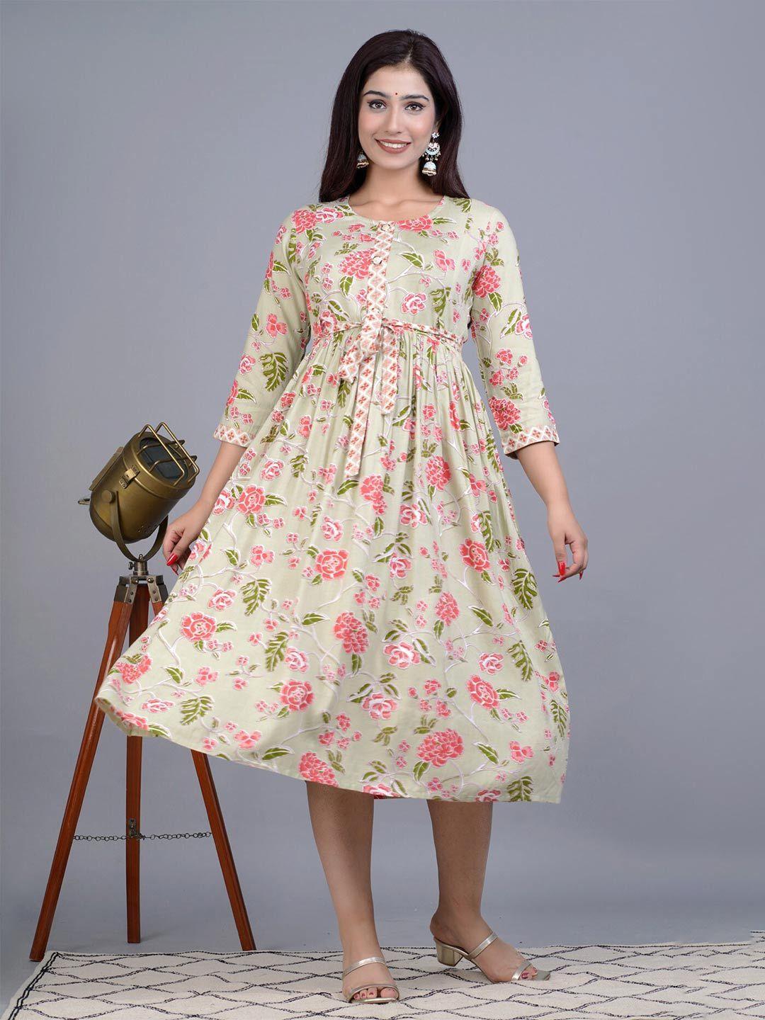 baesd beige & multicoloured floral print fit & flare dress