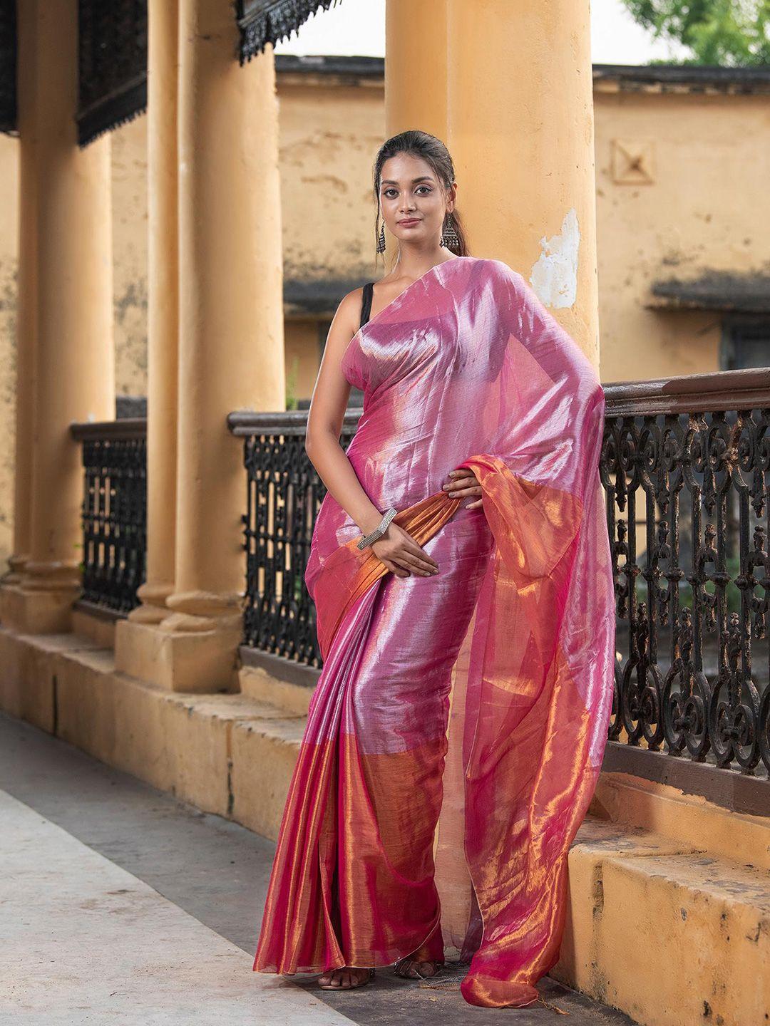 angoshobha silver-toned woven design handloom saree