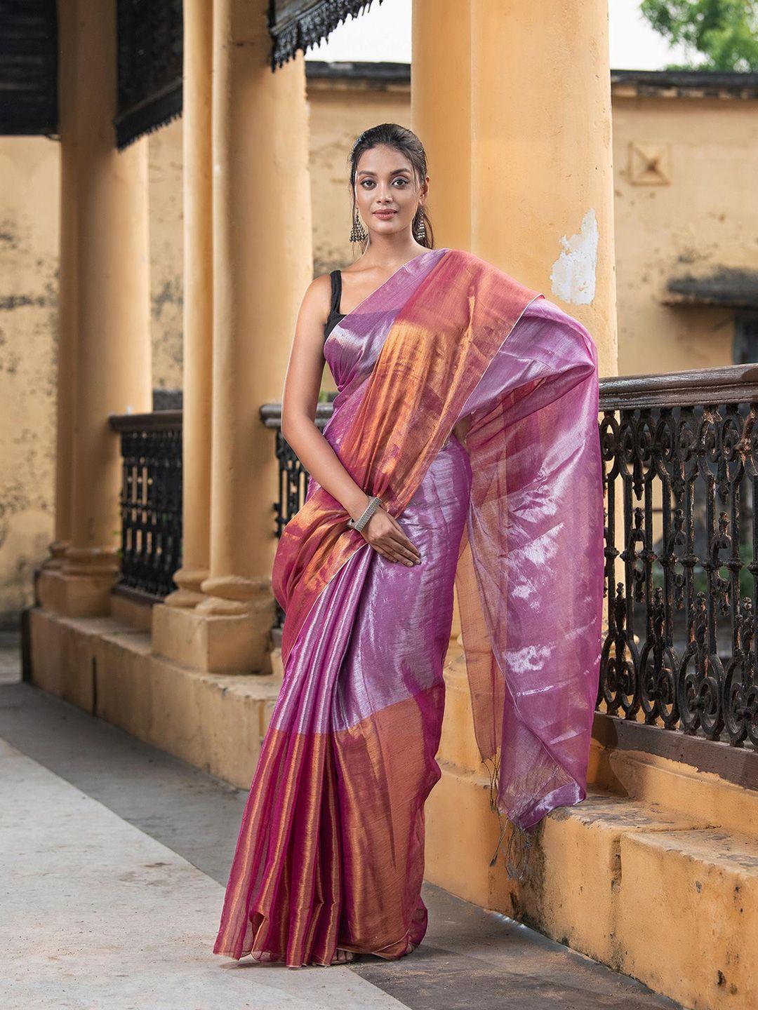 angoshobha silver-toned woven design handloom saree