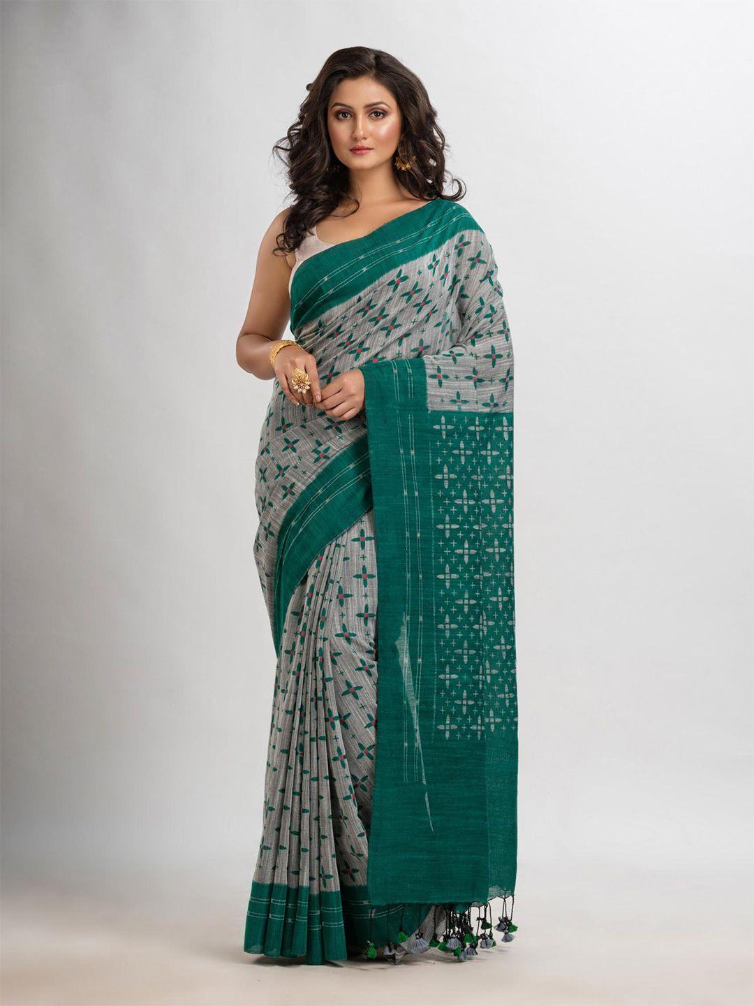 angoshobha silver-toned woven design handloom saree