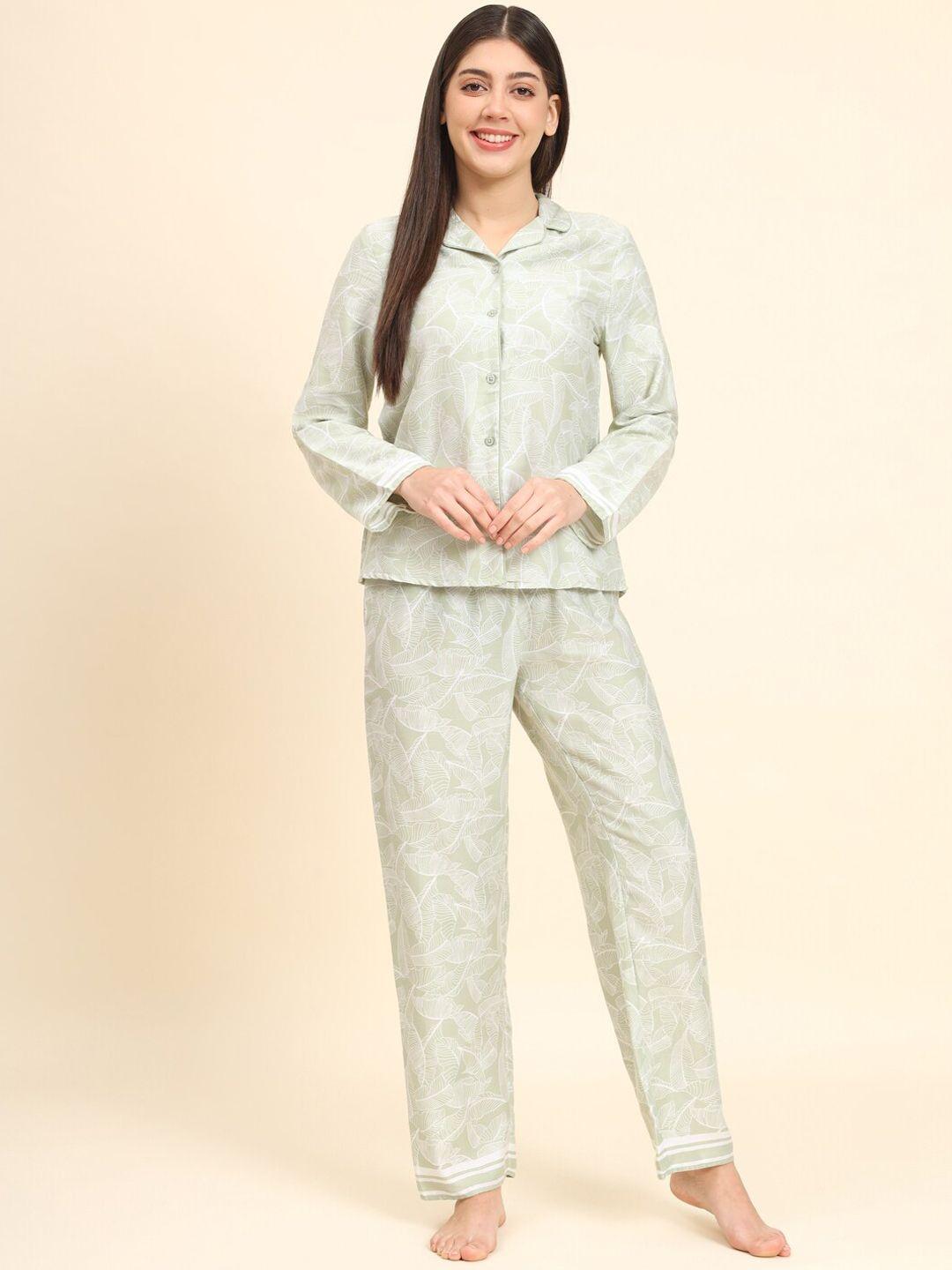 here&now women sea green printed night suit